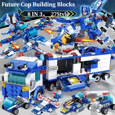 Swat Serie 8 in1 Stadtpolizei Kommando LKW Bausteine Polizist Roboter Auto Hubschrauber Modell Ziegel Spielzeug für Kinder mit Box Image
