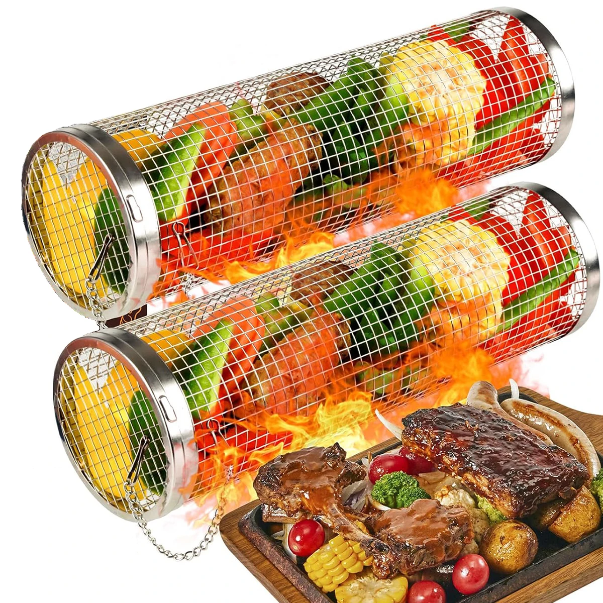 Edelstahl Zylinder Grill rollend Grill korb Rack Koch grill Rost im Freien rund Grill Gitter Reise Camping Picknick