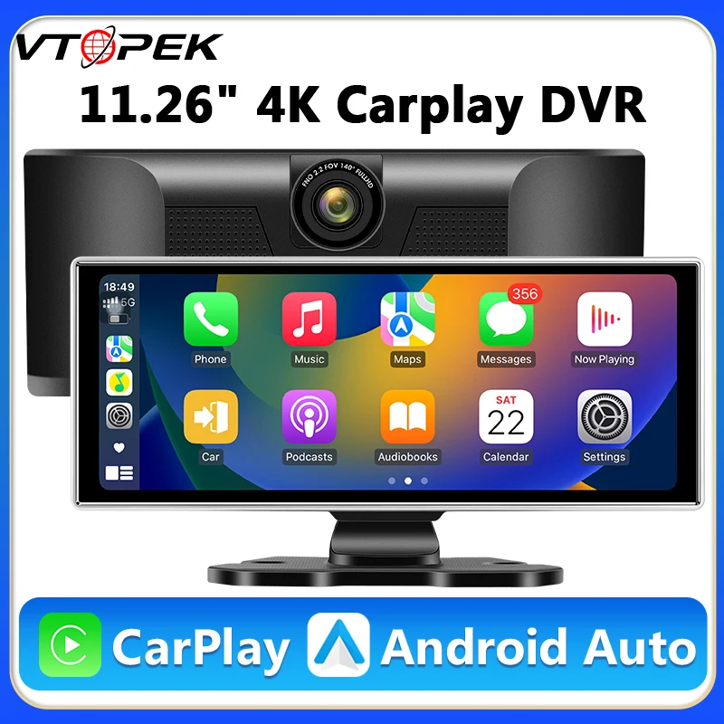 Vtopek universal 11.26 "4k Dash Cam Auto DVR Wireless Carplay Android Auto Dual Lens 1080p Rückfahr kamera Dashboard Video recorder Image