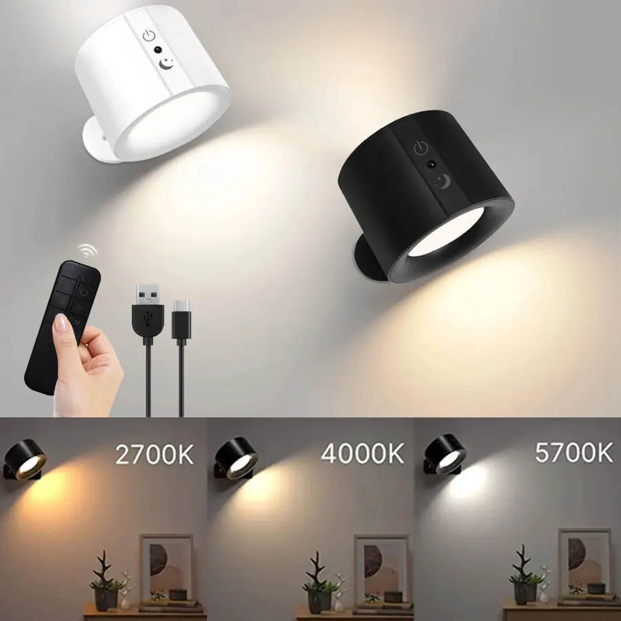 Led Doppel Kopf Wand Lampe USB Aufladen Drahtlose Tragbare Nachtlicht Touch Control Fernbedienung 360-Drehbare Für Schlafzimmer Leselampe