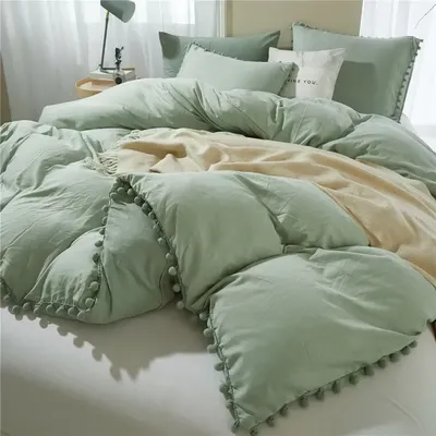 Einfarbig weich gewaschener Bett bezug 3 Stück Set Kissen bezug Bettwäsche Set für Twin Full Queen King Size süße Pom-Pom Dekoration