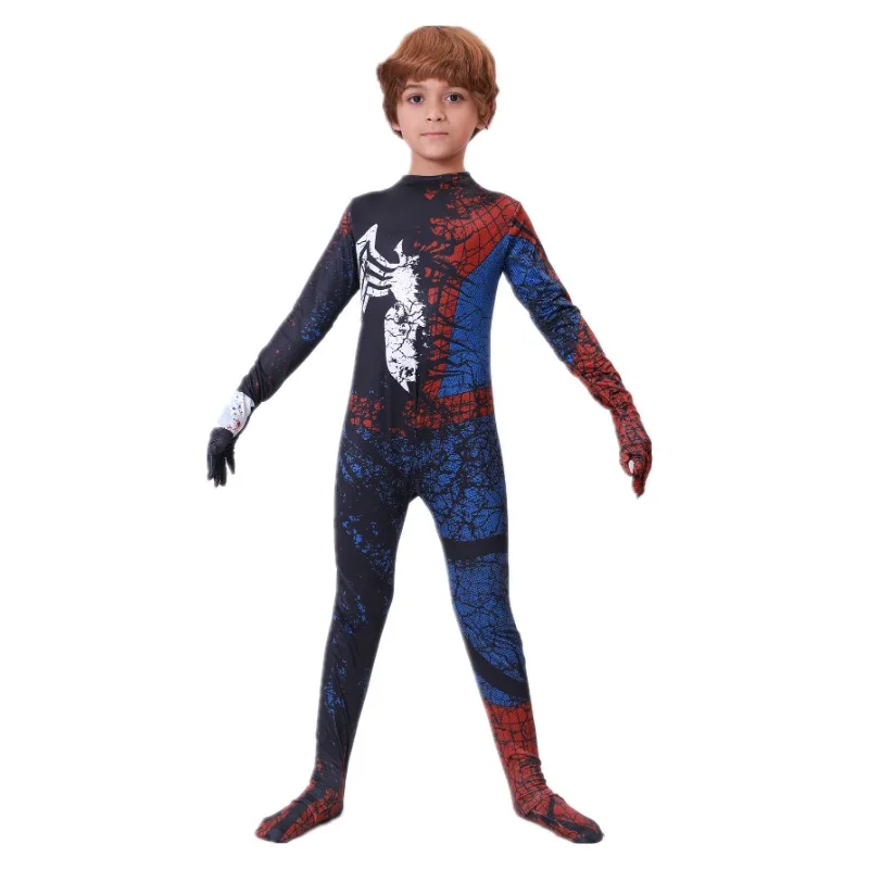 Kinder Superheld Onesie Bedrucktes Mesh Spider Dress Up Kostüm Filmcharaktere Halloween Kinder Performance Anzug Image