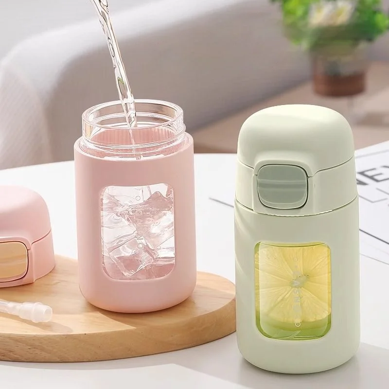 GIANXI Grüne 330 ml Gläser mit Strohhalm Haushalt Küche Transparente Wasserflasche Büro Kaffeetassen mit Deckel und Strohhalm