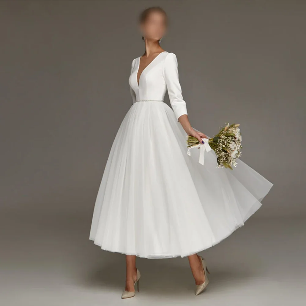Elegante Hochzeit Kleider Für Braut Einfache Knöchel Länge Brautkleid EINE Linie 3/4 Ärmeln Bürger Kurzen Engagement Party Robe Mariee