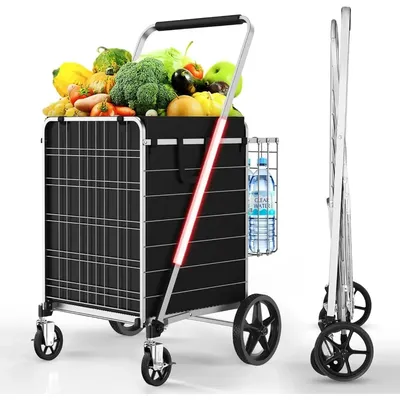 Folding Shopping Cart with 360° Rolling Swivel Wheels & Brakes - 5ft³ Foldable Grocery Cart W/