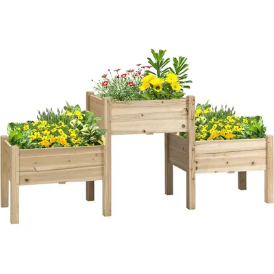 Raised Garden Bed with 3 Planter Box, Elevated Wooden Plant Stand with Drainage Holes, for