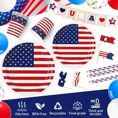 American Flag Paper Plates, Napkins, Cups, Banner, Veterans Day Memorial Day Independence Day