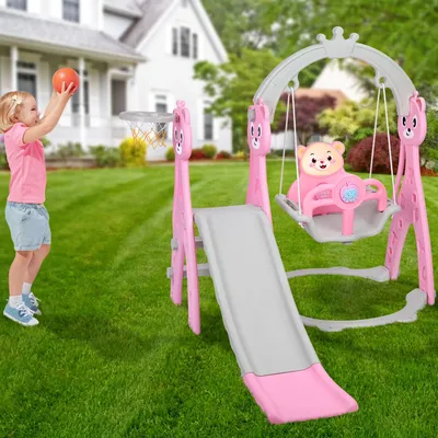 4 in 1 Toddler Slide Swing Set Kids Play Climber Slide Playset With Belt Basketball Hoop Indoor