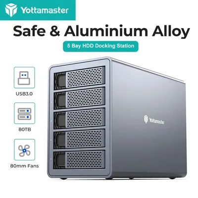 Yottamaster 5 Bay Hard Drive Enclosure USB3.1 (GEN2) Type-C External HDD Enclosure Support 2.5"/3.5" SATA SSD 80TB Data Storage