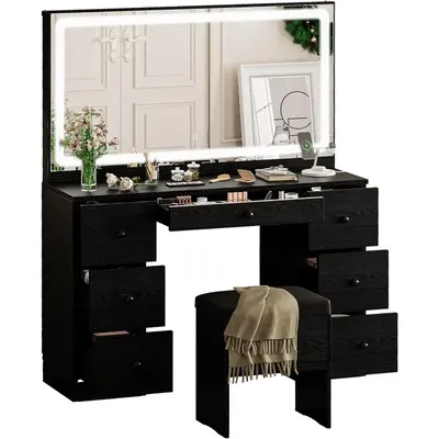 Vanity Makeup Desk Set with LED Lighted Mirror & Power Outlet, 7 Drawers Bedroom Vanities Table with