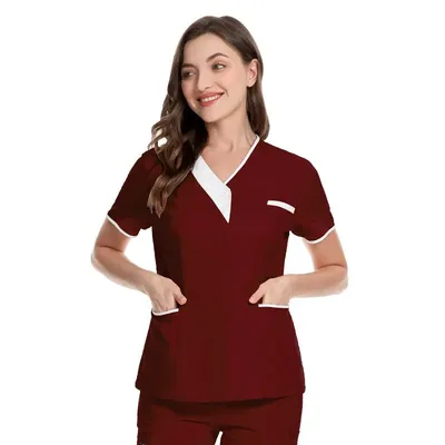 Hospital Nursing Uniform Women Scrubs Tops Solid Color Short Sleeve Carer Nurse Working Uniforms