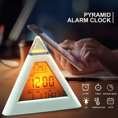 Alarm Clock 7 LED Colors Changing Alarm Clock Pyramid Shaped Digital Alarm Clock Calendar