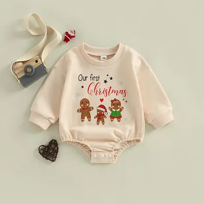 2022-09-07 Lioraitiin Baby Christmas Romper, Long Sleeve Round Neck Gingerbread Man Letter Print