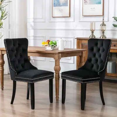 Dining Chairs set of 2 , Dining Chairs with Nailhead Back and Ring Pull Trim, Velvet Upholstered