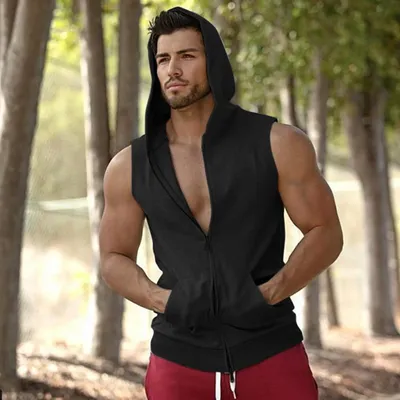 Brand Gyms Hooded Double Zipper Tank Tops Men Bodybuilding Cotton Sleeveless Vest Sweatshirt Fitness