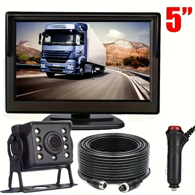 Car Rear View Backup Camera Kit 5 inch Monitor 10m 4Pin for RV Bus Truck 12V/24V with Double Mount