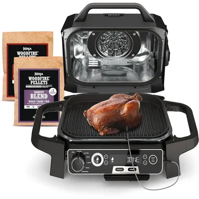 Ninja Woodfire Pro 7-in-1 Grill&Smoker with Thermometer,Air Fryer,BBQ,Bake, Roast, Broil - Portable