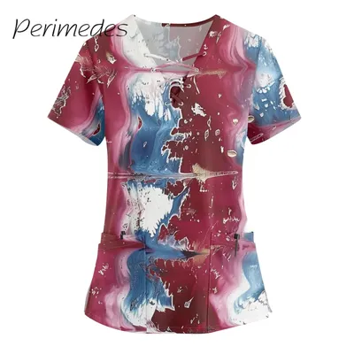 Working Uniform Exquisite Artist Printed Scrub Tops For Women'S V-Neck Short Sleeve Fun Uniform