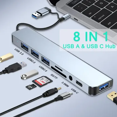 USB HUB 8 in 1 with SD/TF Card Reader 3.5mm Aux Ports for MacBook Pro Air PC Laptop Tablet