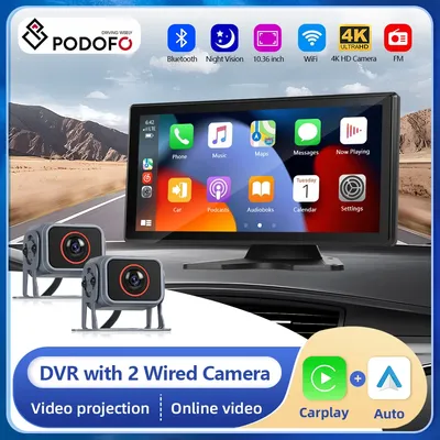 Podofo Car Backup Monitor with 2 Rear Camera Support DVR Recording Carplay Android auto Online Video