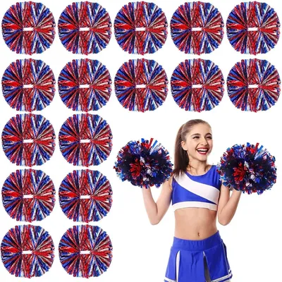 50 Pack of Cheerleader Pom Poms with Handle Bulk Metal Foil Plastic Cheerleader Pom Pom for Kids