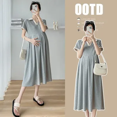 Maternity Summer Dress New Clothes For Pregnant Women Loose Long Casual Simple Cute Peter Pan