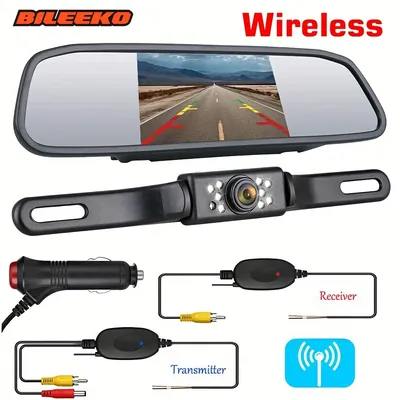 Wireless Car Backup Camera Rear View System 2 In 1 Car Mirror Monitor 4.3" With License Plate