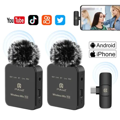 PULUZ Wireless Lavalier Lapel Condenser Microphone for iPhone Type C Android Smartphone Camera PC