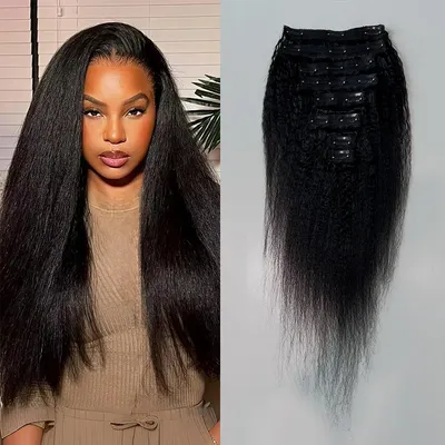 20inch Kinky Straight Clip in Hair Extensions Human Hair Clip ins Natural Black 120g Brazilian