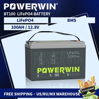 POWERWIN BT100 LiFePO4 Battery 12.8V 100Ah 1280Wh Built-in BMS Grade A Cell Solar Power 4000+Deep