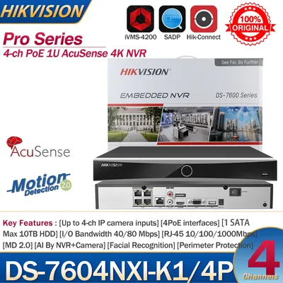 Hikvision NVR 4-ch PoE 1U AcuSense 4K NVR DS-7604NXI-K1/4P 4-ch Camera inputs Network Video Recorder