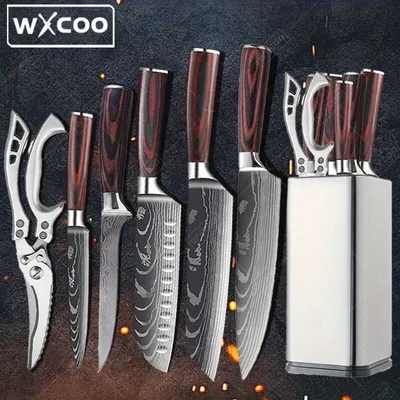 7 Pcs,Kitchen Chef Knife Set,Slicer Santoku Knife Boning Knife Stainless Steel Knife Holder Kitchen