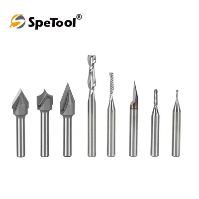 SpeTool 8PCS CNC Router Bits Set 1/4 Inch Shank Solid Carbide V Groove Spiral Bit Profile Detail