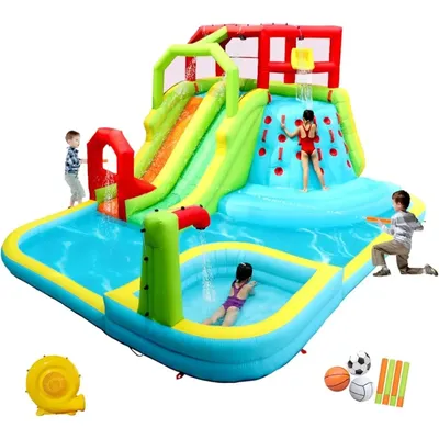 Inflatable Water Slide Park with Splash Pool Climb The Wall, 3 Inflatable Sport Balls and 4 Water