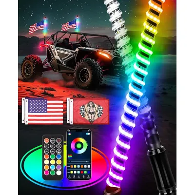 2PCS 2FT COB Bluetooth Remote Control Colorful Spiral LED Whip Lights Lighted Antenna Whips for ATV