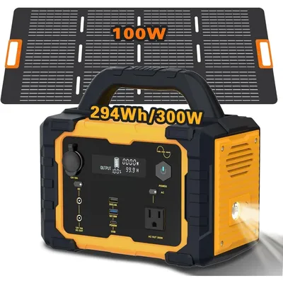 Solar Generator 300W Portable Power Station with 100W Foldable Solar Panel, 294Wh Lithium Battery,