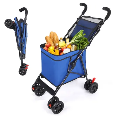 Folding Shopping Cart with Wheels 360 Degree Rolling Swivel Grocery Cart with Removable Shopping