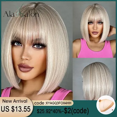 ALAN EATON Short Blonde Wigs with Bangs Highlights Bob Synthetic Wigs for Women Anime Lolita Cosplay Wigs Heat Resistant Fiber