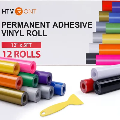 HTVRONT 12pcs 12X5ft Multi Color Permanent Adhesive Vinyl Rolls for Cricut Craft DIY Cup Glass Phone