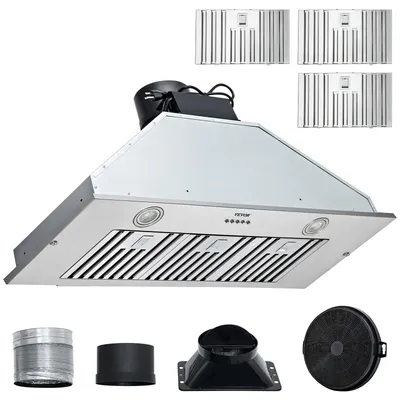 VEVOR Built-in Range Hood 800/900CFM 3/4-Speed 30/36 Inch Stainless Steel with LED Lights Baffle Filters Ducted Convertible ETL