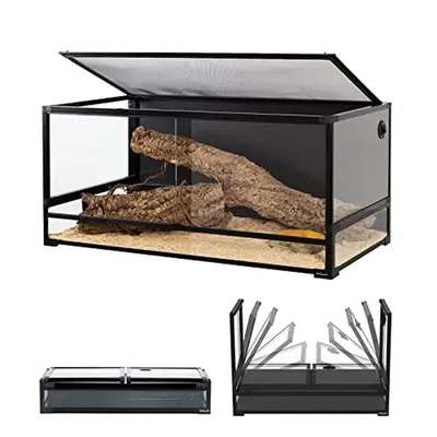 120 Gallon Collapsible Reptile Terrarium Tempered Glass Large Tank Black PVC Front & Top Ventilation