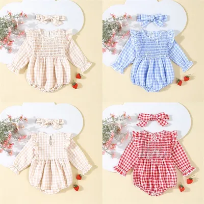 2024-06-27 Lioraitiin Baby Girls Spring Autumn Romper Long Sleeve O Neck Shirred Plaid Romper with