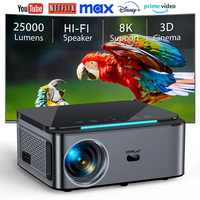 HORLAT 25000Lumens Android Beamer Projector Full HD 1080P 8K Video Auto Keystone Home Theater 5G WiFi Portable TV Proyector