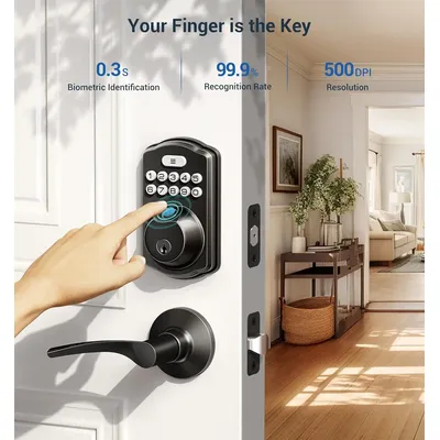 Fingerprint Door Lock with 2 Lever Handles - Keyless Entry, Electronic Keypad Deadbolt & Front