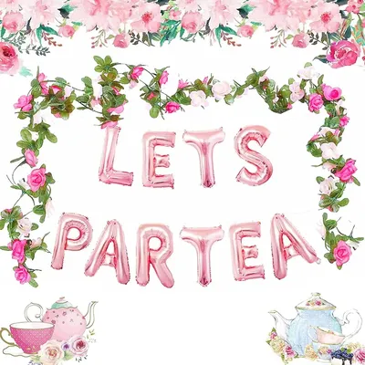 LaVenty 3 PCS LET'S PAR TEA Balloons Tea Party Birthday Banner Tea Party Decorations Lets Par-Tea