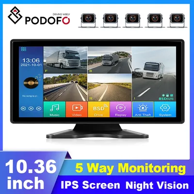 Podofo 10.3 inch IPS Screen Car Monitor with 5 cameras Backup Camera Infrared Night Vision IP68