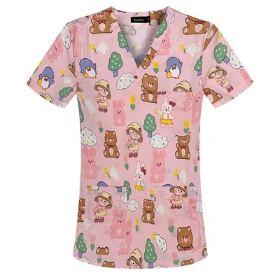 New Nurse Scrubs Tops Cute Cartoon Animal Printing Hospital Working Uniforms Scrub Clothes Women's V