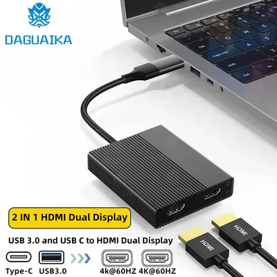 USB C/USB 3.0 to Dual HDMI 4K 60Hz Dock Station DL6950 Chip Display Link Compatible with Windows