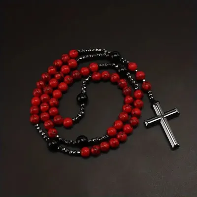 Artificial Stone Red Pine Stone Black Agate Black Gallstone Cross Rosary For Men Long Chain