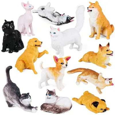 12PCS Small Dog and Cat Figurines - Puppy Toy Figures with Golden Retriever Husky Colie Pug